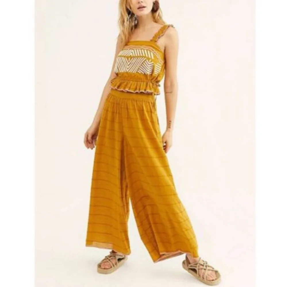 Free People Eva Set Crop Cami High Rise Wide Leg Ankle Length Pants Gold Med NWT - Picture 13 of 16